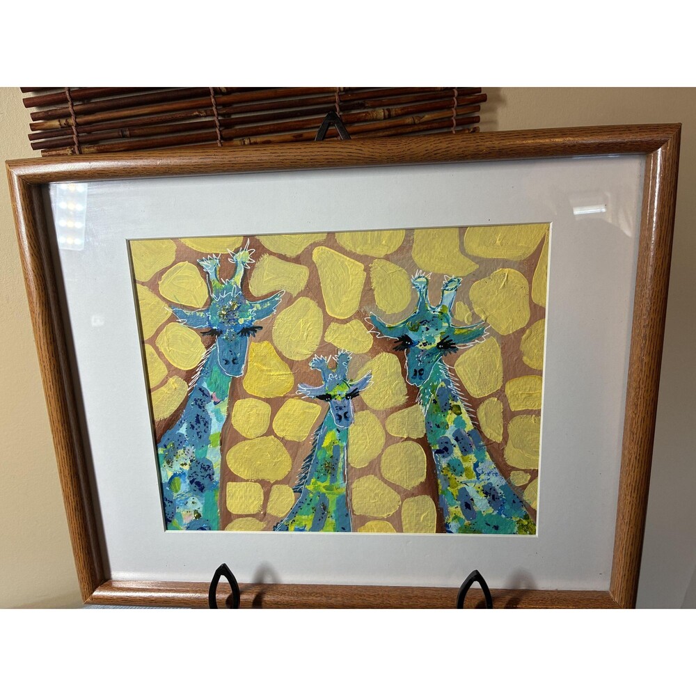 Original Giraffe Painting Framed 11x14 Whimsical Eclectic Folk Art, Child's Room